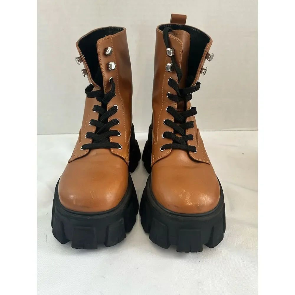 Marc Fisher LTD Happy Leather Boots Lace up Combat Tan Size 5.5 - Picture 2 of 11